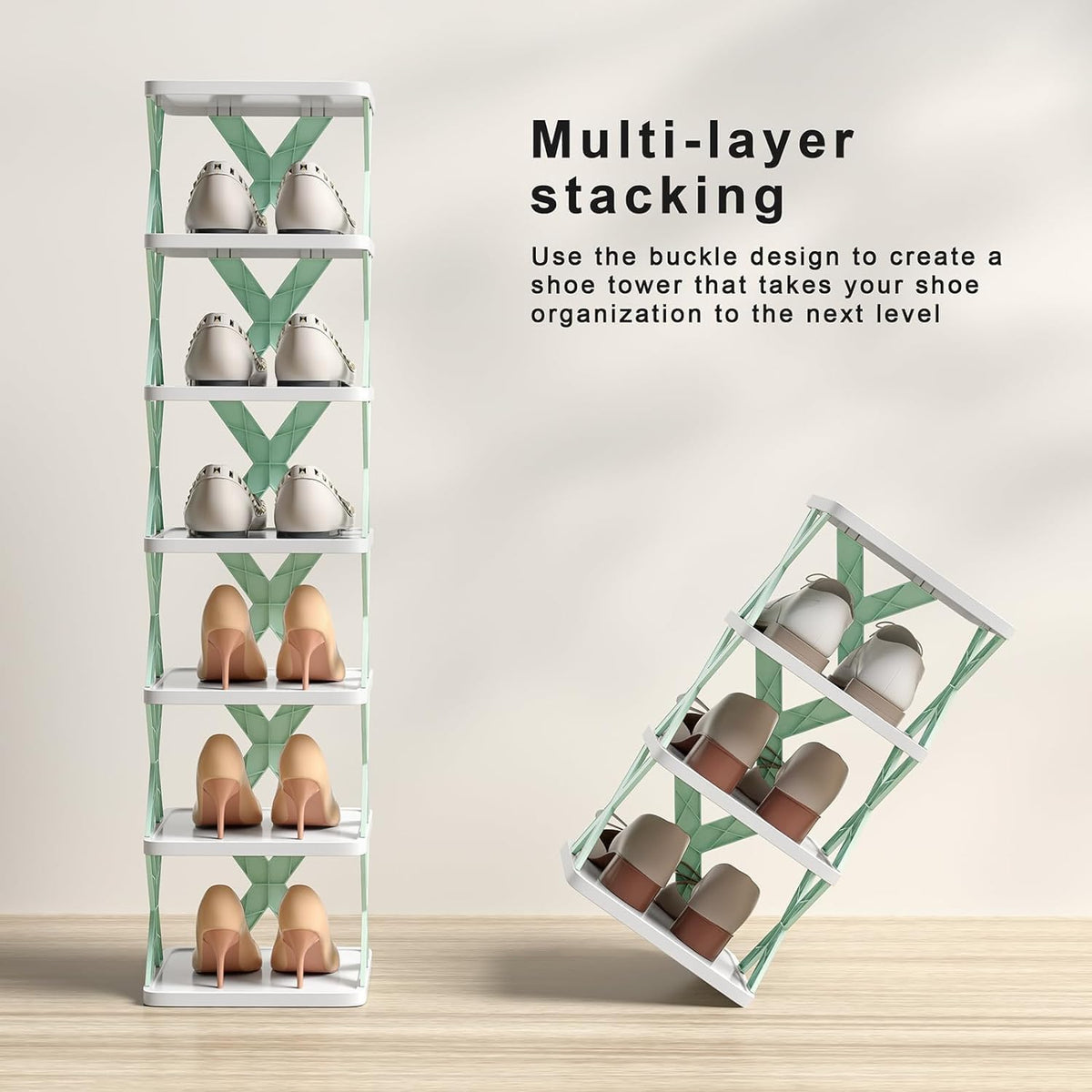 Close-up of StackEase shoe rack adjustable slot design