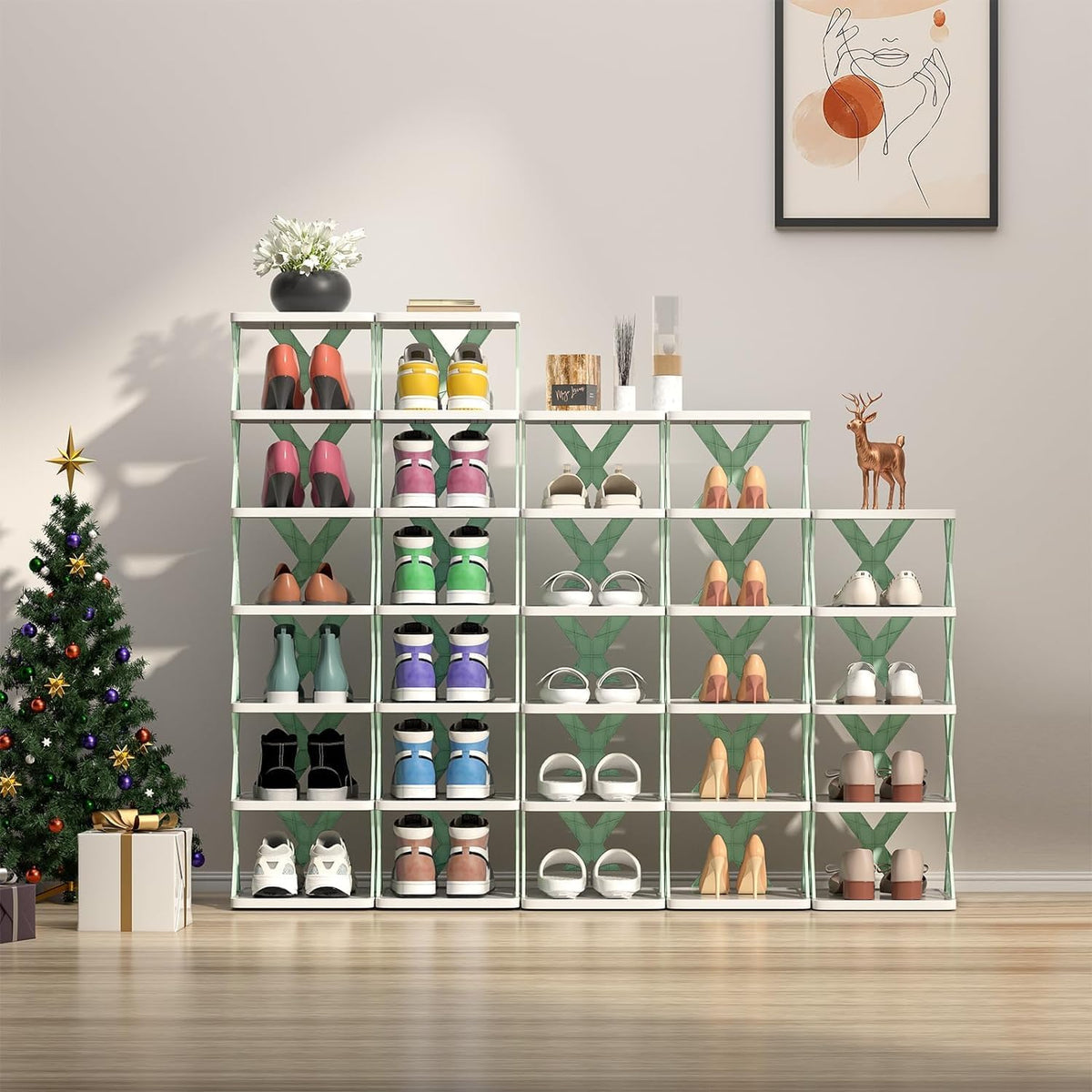 Adjustable shoe rack slots expanded to fit different shoe sizes
