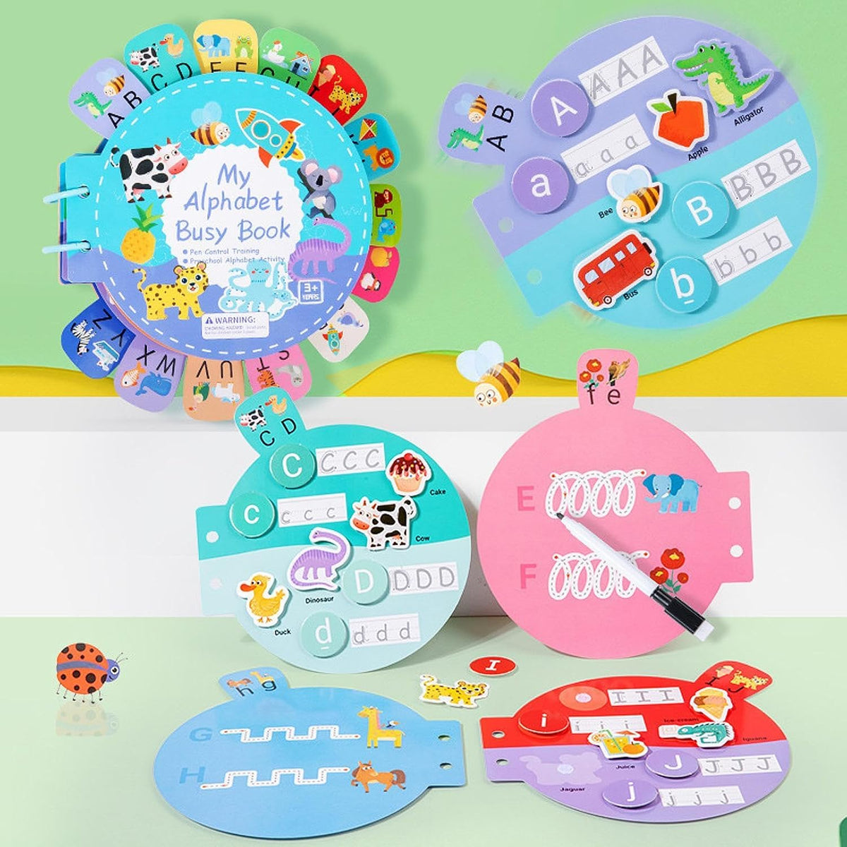 Toddler playing with Tolmart alphabet busy book - screen-free learning toy