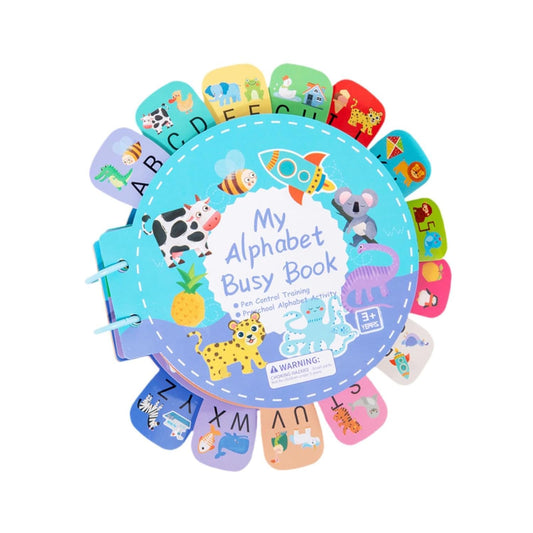 Alphabet busy book open showing interactive touch and feel ABC pages
