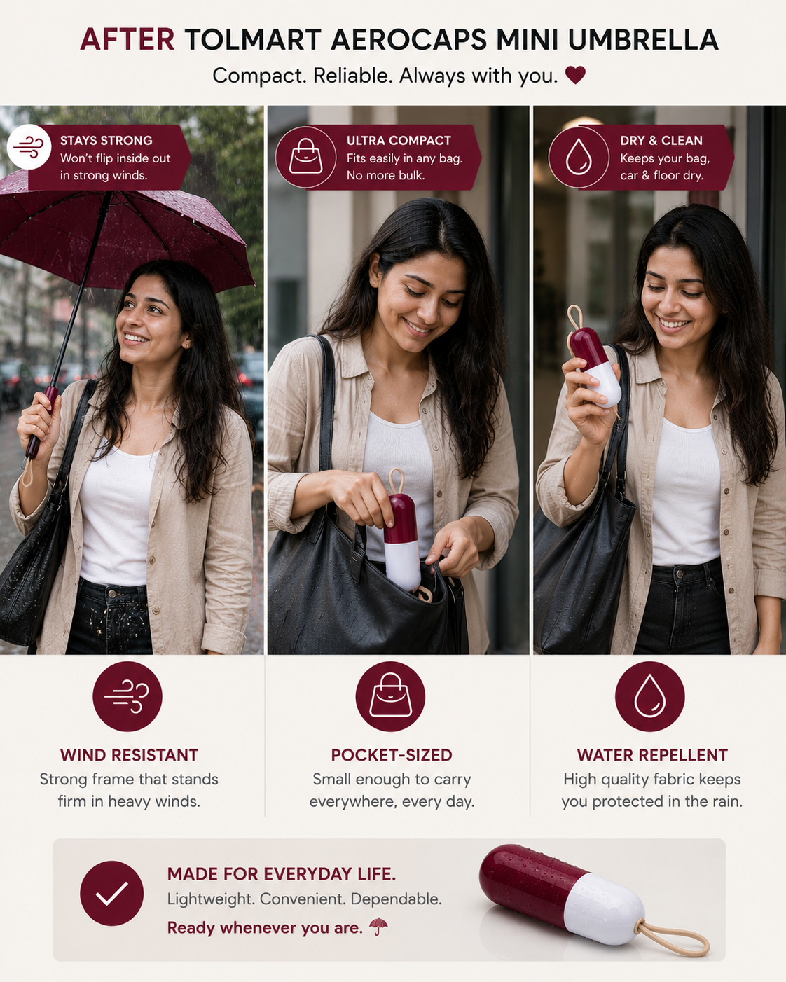 TolMart™ AeroCaps Pocket Folding Umbrella for Travel