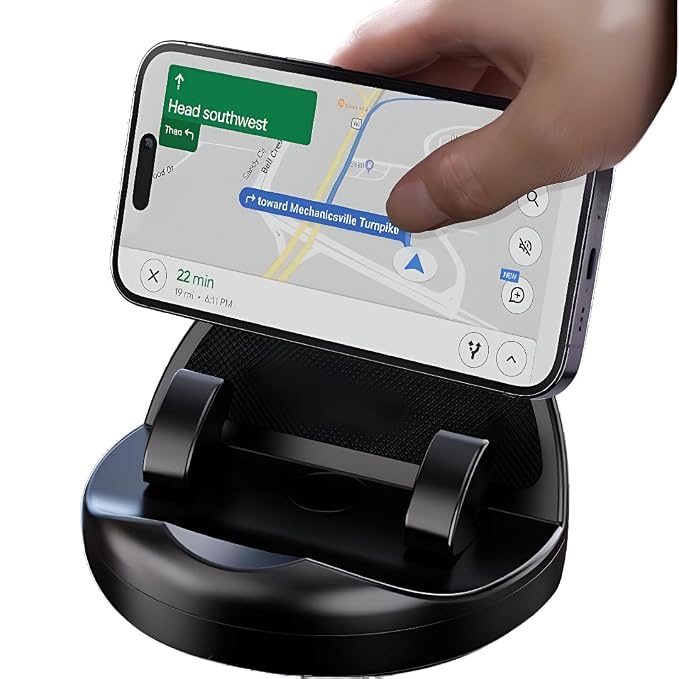 TolMart OrbitMount 360 dashboard phone holder with phone showing GPS navigation