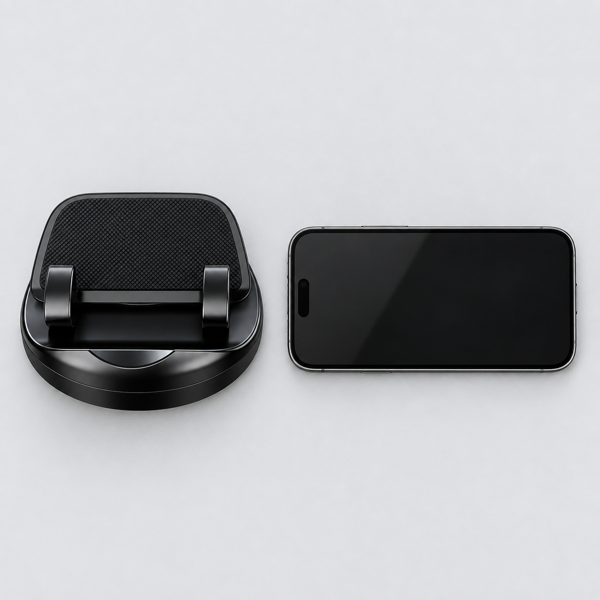 OrbitMount dashboard phone holder size comparison next to smartphone