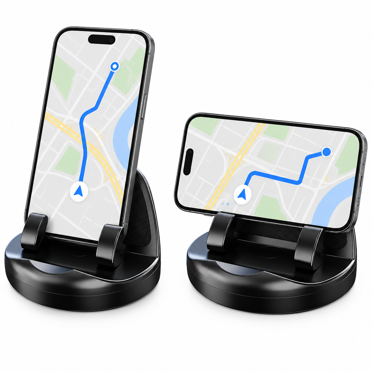 Two OrbitMount phone holders showing portrait and landscape rotation
