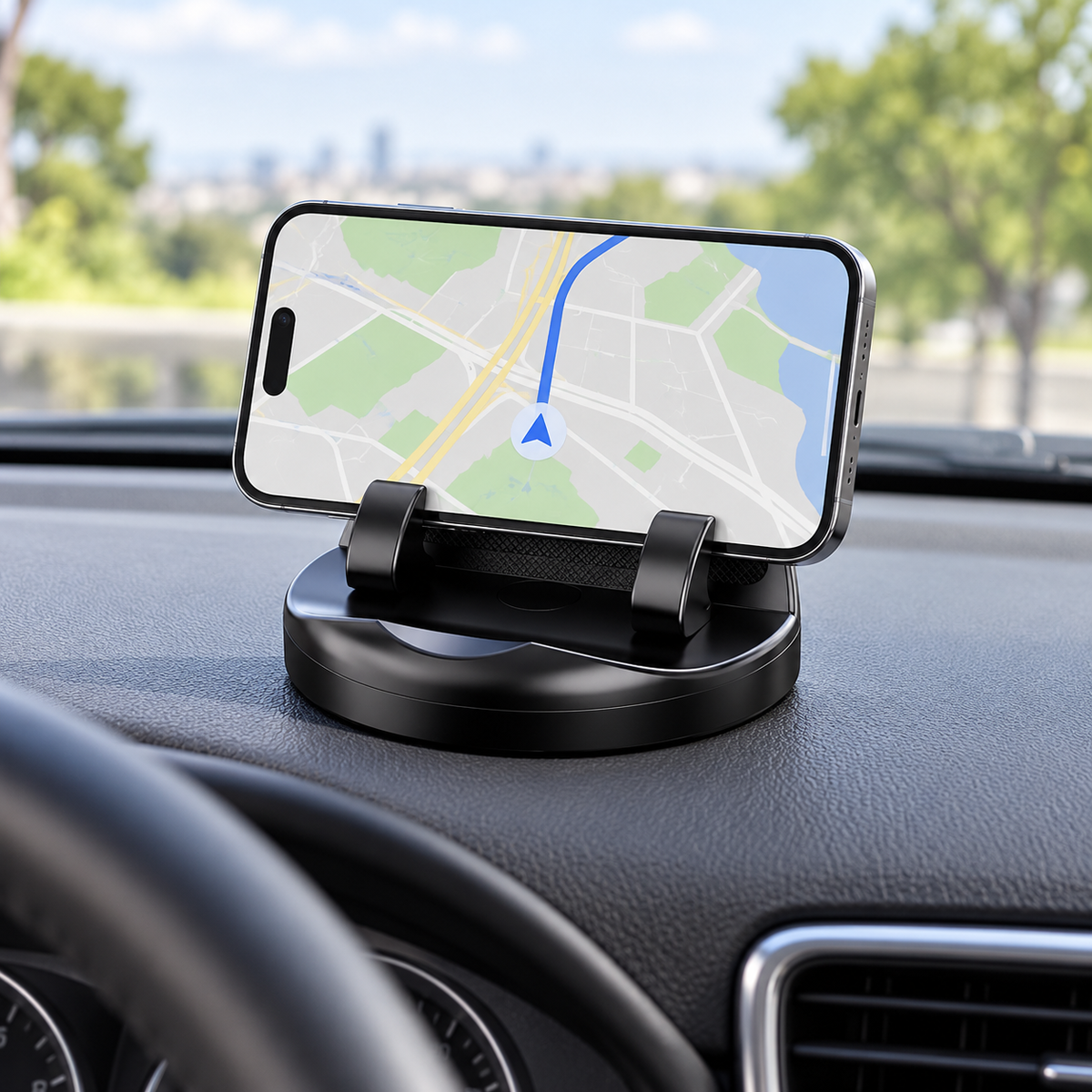 OrbitMount phone holder mounted on car dashboard with GPS map visible