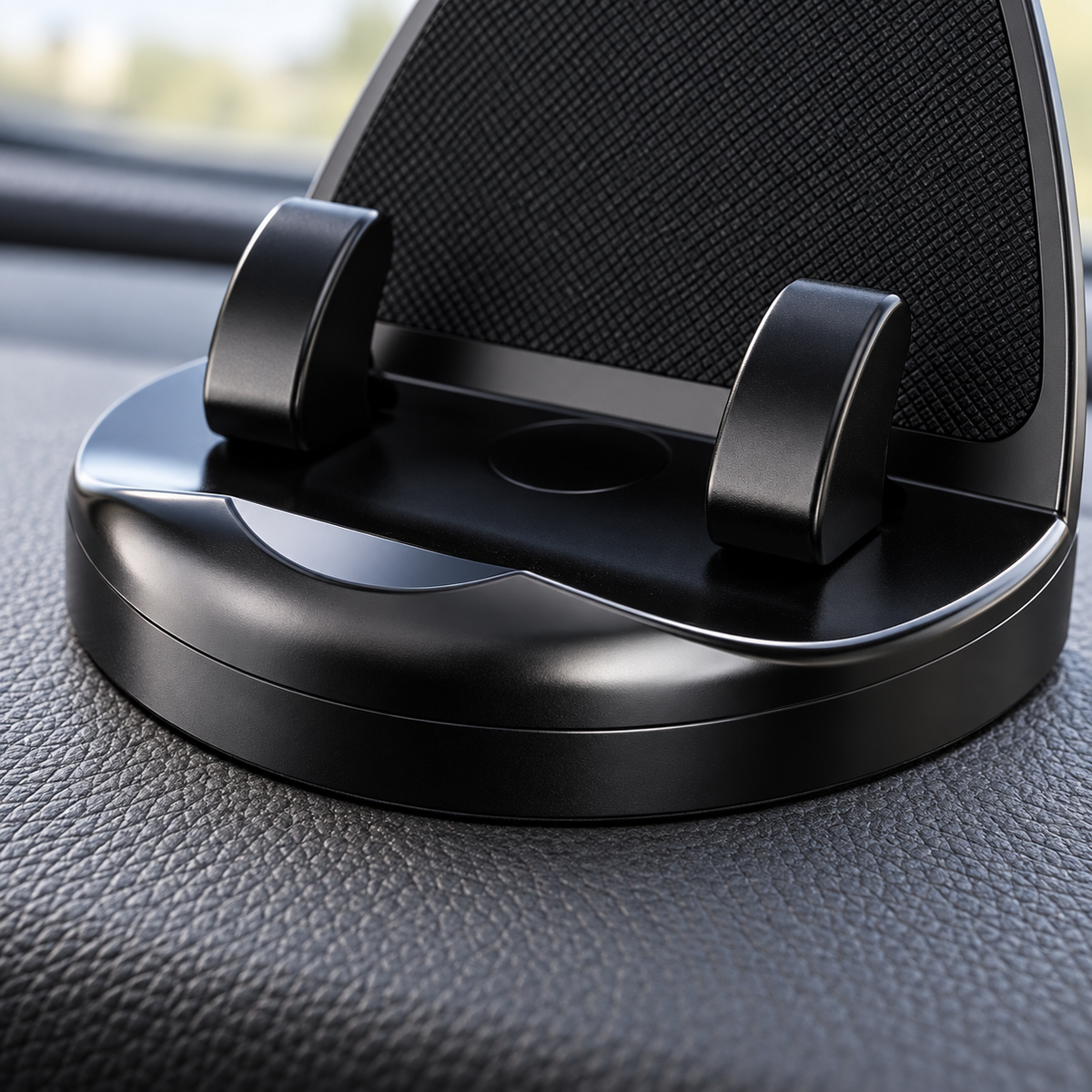 Close-up of OrbitMount non-slip base gripping car dashboard surface