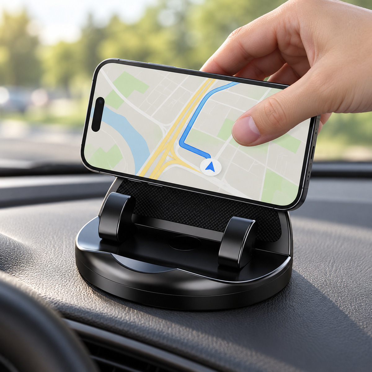Hand placing smartphone into OrbitMount dashboard holder while driving