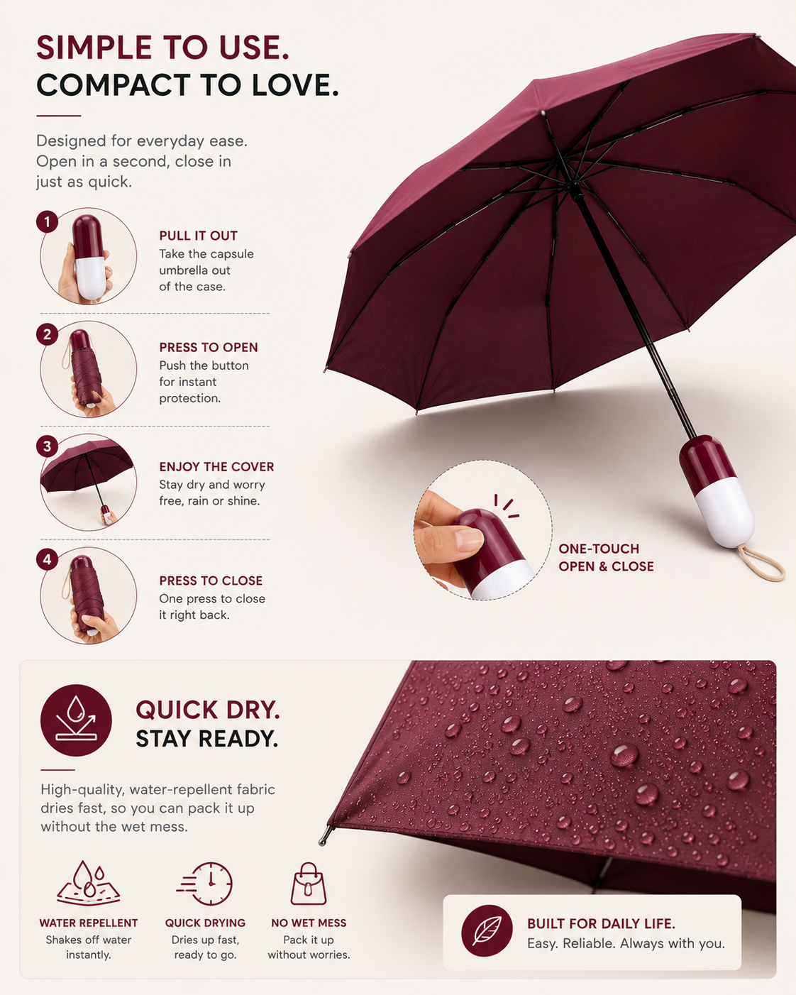 TolMart™ AeroCaps Pocket Folding Umbrella for Travel
