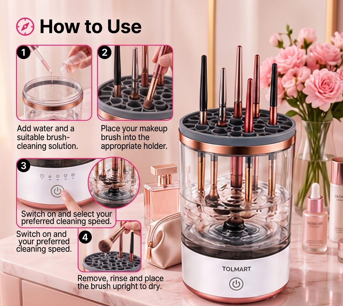 TOLMART BRUSHFLOW™ – ELECTRIC MAKEUP BRUSH CLEANER