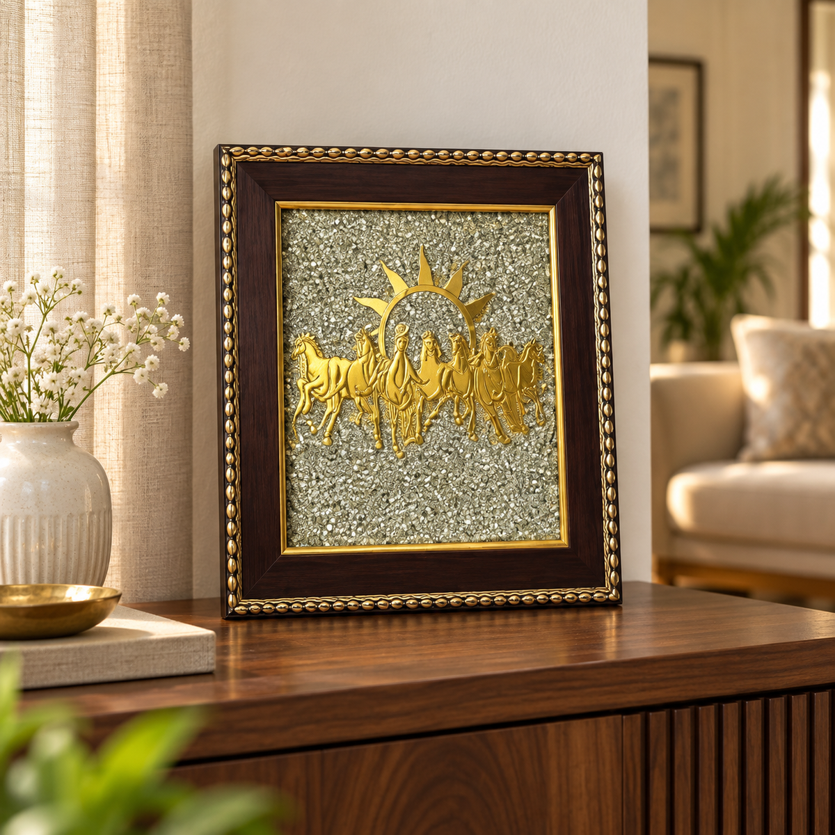 Tolmart DhanAshva seven horses natural pyrite frame styled on a living room console