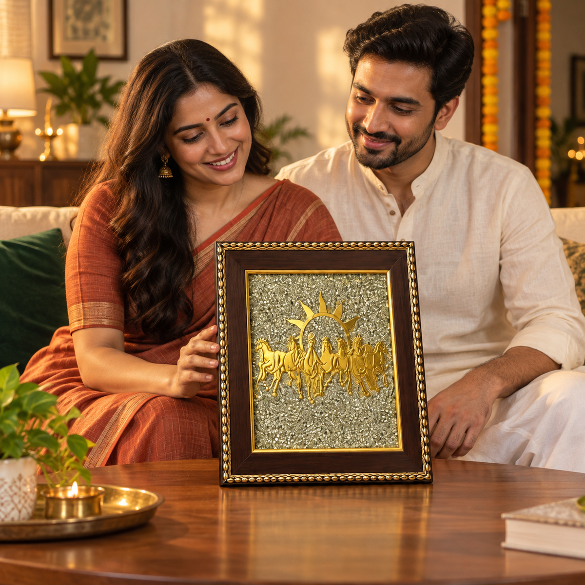 Illustrative housewarming scene with an Indian couple and Tolmart DhanAshva pyrite frame