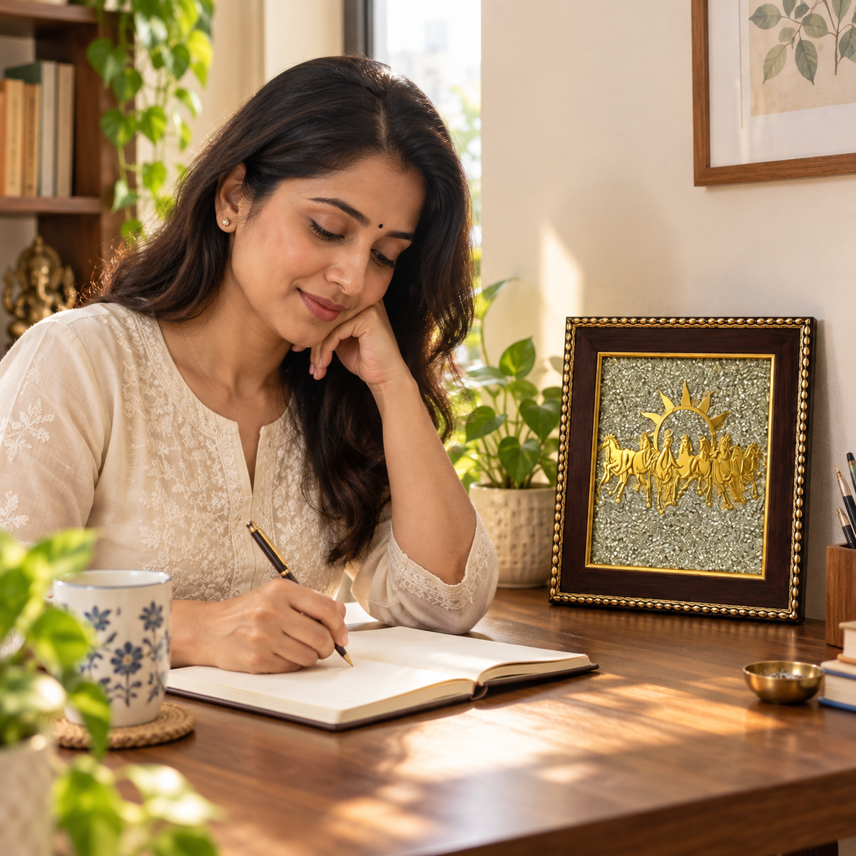 Illustrative lifestyle scene of a woman journaling beside the Tolmart DhanAshva pyrite frame