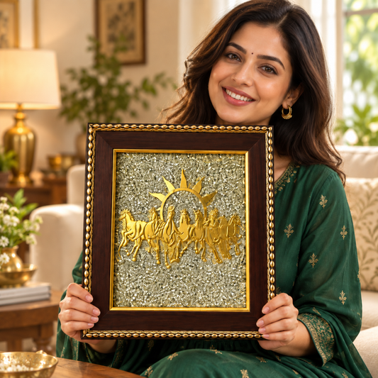 Model presenting Tolmart DhanAshva seven horses natural pyrite frame in a warm living room
